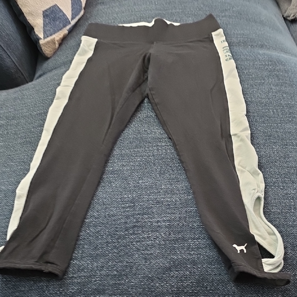 PINK Victoria's Secret Black Leggings with Light Green Stripes